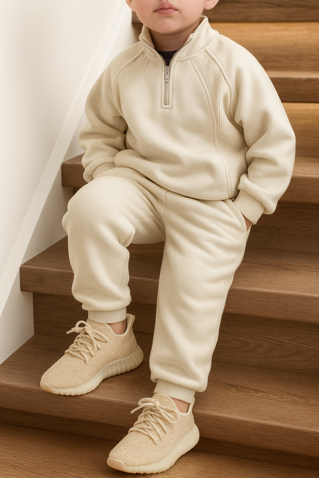 Rib Half-Zip Set voor jongens – Beige