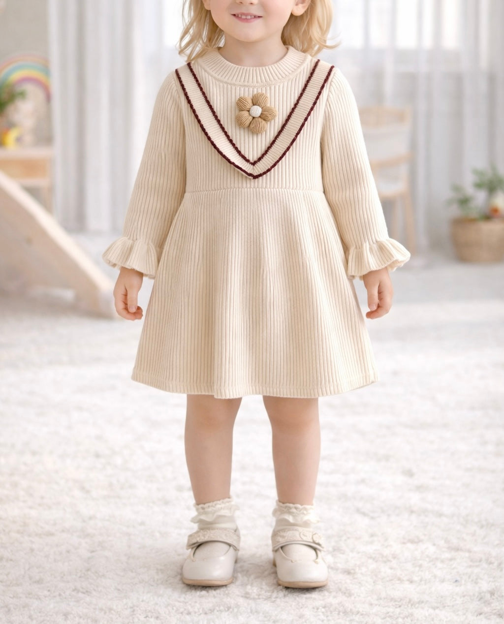 Gebreide meisjesjurk met bloemaccent