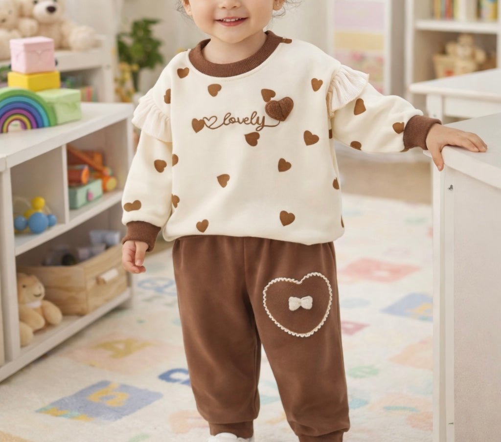 Lounge set voor meisjes- Hartjes– Crème/Bruin