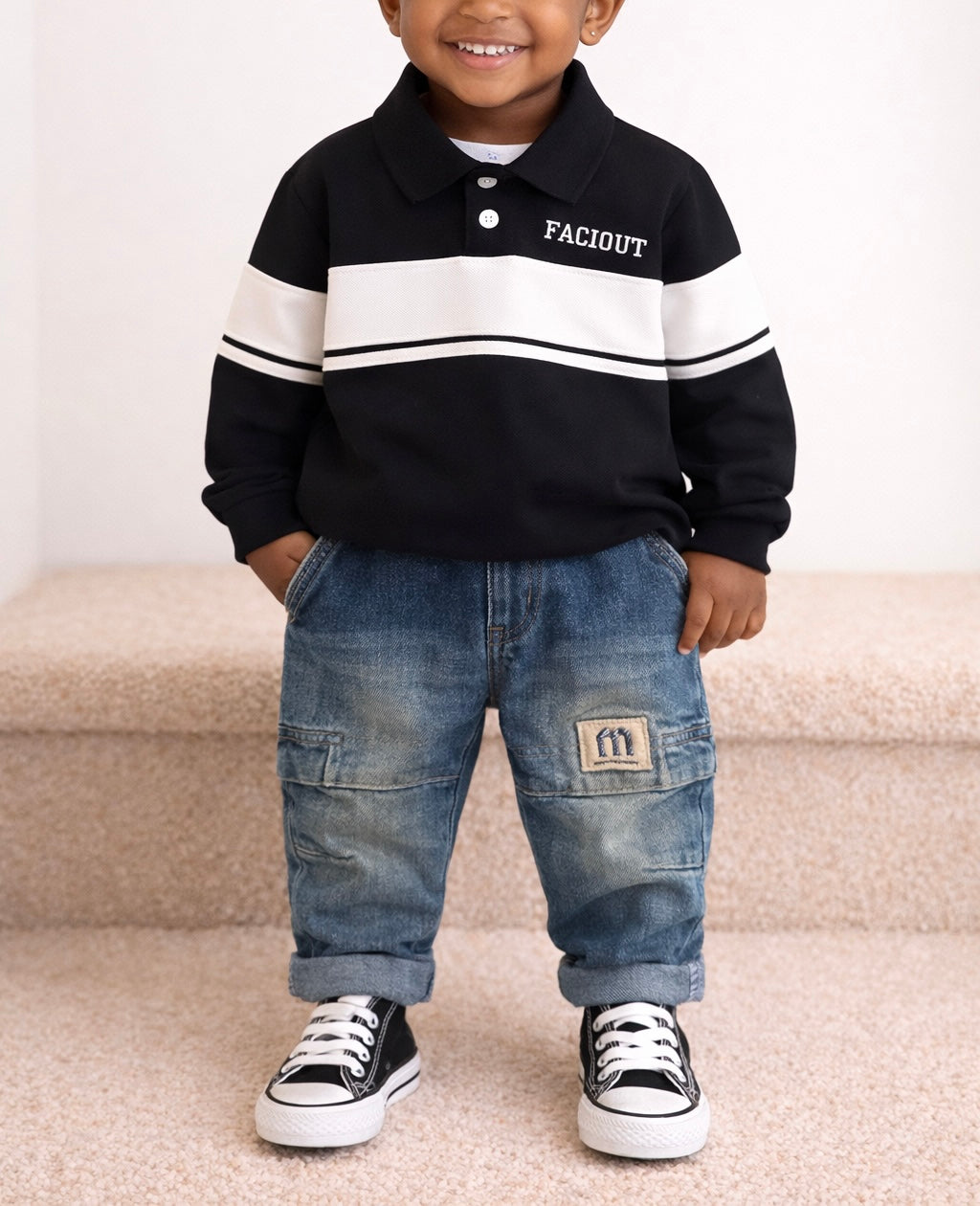 Jongens Set Polo & Denim Broek – Zwart/Wit