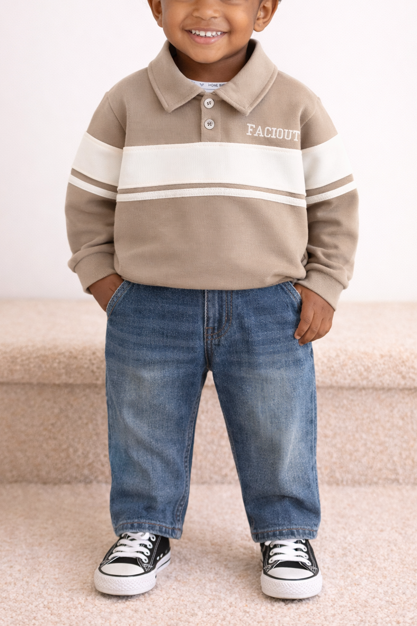 Jongensset- Polo met denim broek- Beige