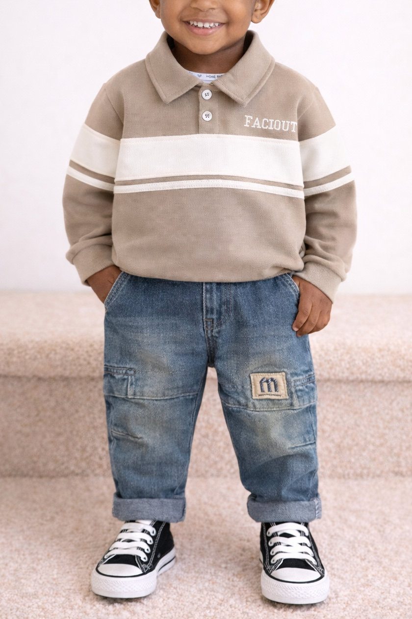 Jongensset- Polo met denim broek- Beige